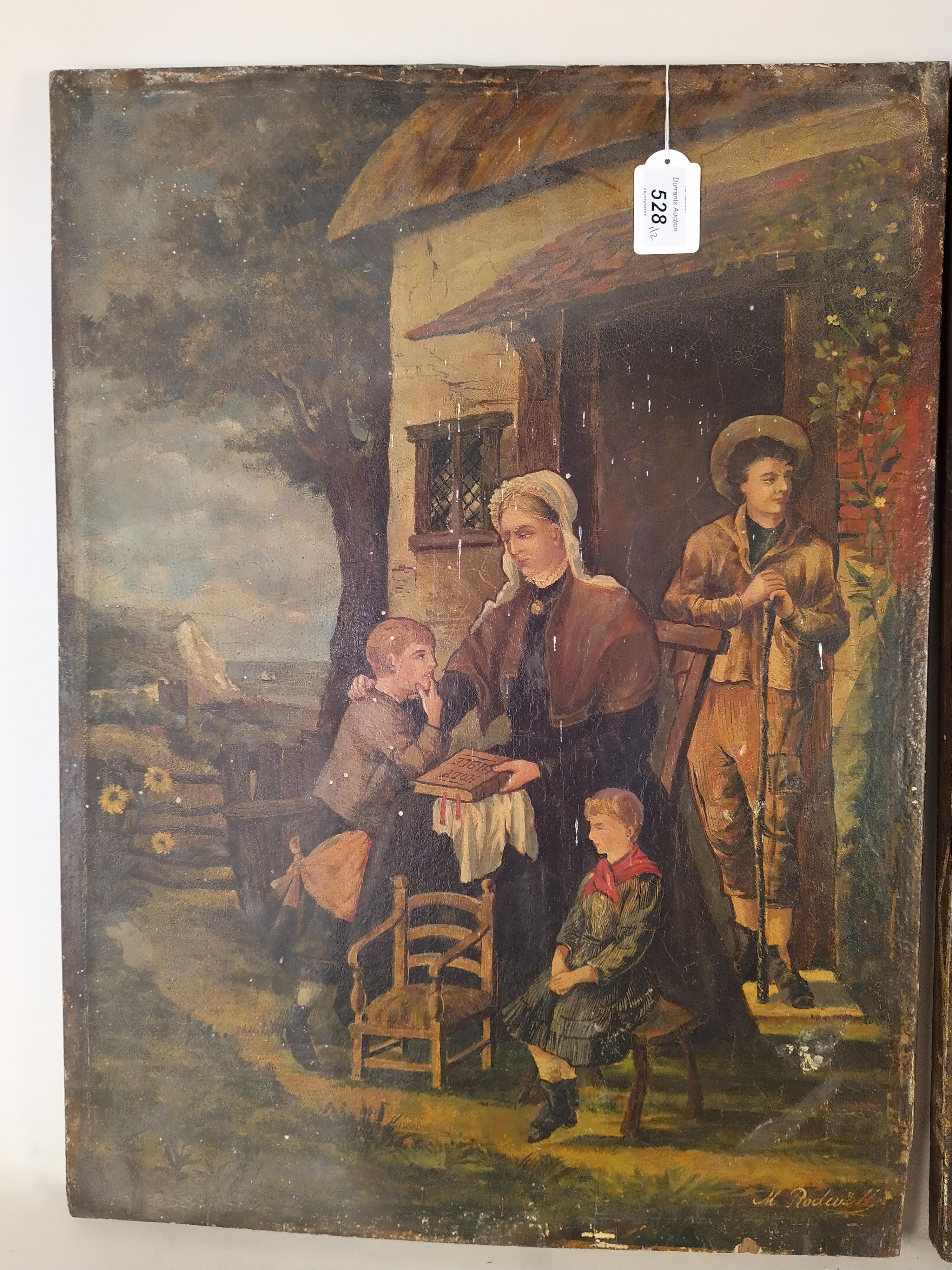 Two late 19th Century hand painted wood panel pictures, one depicting a family outside of a cottage, - Image 2 of 4