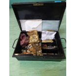 A metal cash tin with GB and world coin contents including Victorian pennies