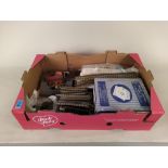 A large box of vintage Hornby track and accessories including power control unit A3