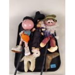 Two vintage Magic Roundabout stick puppet figures plus a Hummel Felix doll and two others