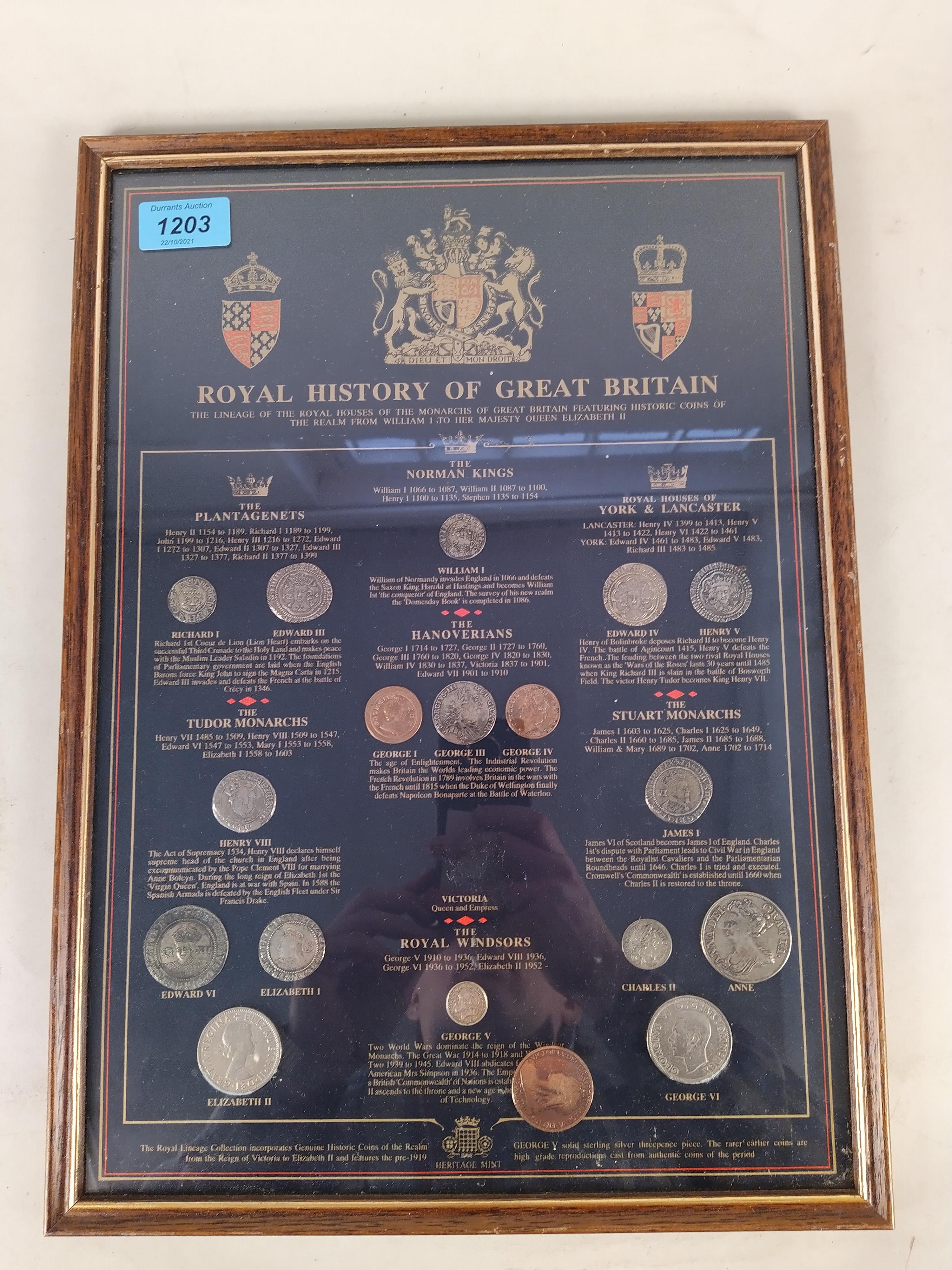 A framed Royal history of Great Britain replica coin set (one coin loose in frame)
