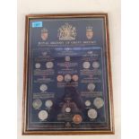 A framed Royal history of Great Britain replica coin set (one coin loose in frame)