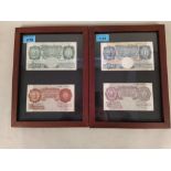 Two frames of vintage banknotes including a green Peppiatt £1, a Beale ten shillings,