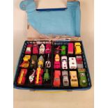 A vintage Matchbox case with various vehicles (case as found,