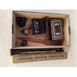 A vintage Dolmetsch Descant recorder plus various small items of interest including 'Owzthat' game,