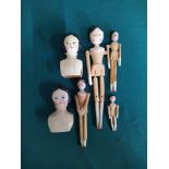 Four small sized flexible joint peg dolls, hand made with painted faces,