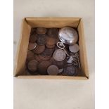 A small tub of mixed coinage plus a pocket watch on chain marked 'Sekonda'