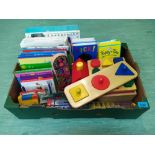 A box of childrens books and Early Learning toys