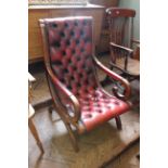 William IV style mahogany button back leather arm chair