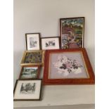 Three framed French fashion prints, a watercolour of roses by Jean de Gale,