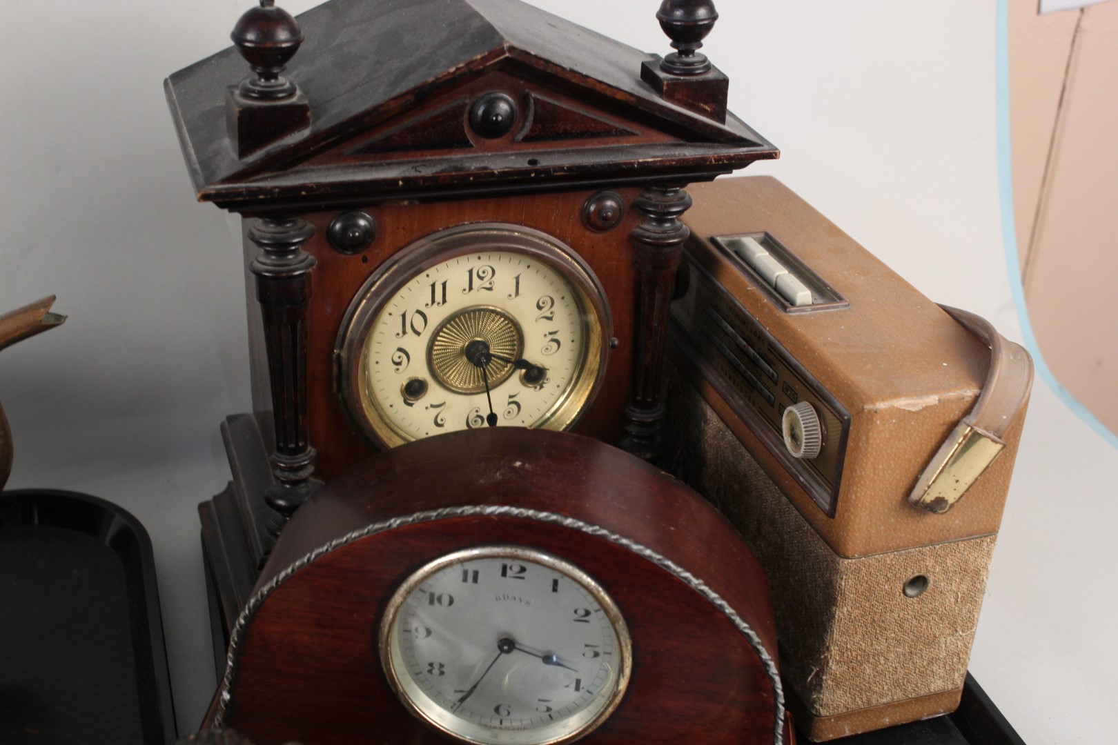 A large vintage wooden cased mantel clock, a small Swiss made one, a vintage Phillips radio, - Image 2 of 3