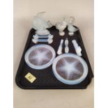 A collection of opalescent glass items including Sabino knife rests and a pair of star fish dishes