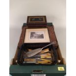 A vintage wooden artists box with contents including palette.