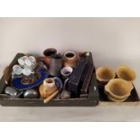 A box of assorted items including plated ware, pewter,