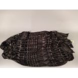 A large vintage fine black mesh shawl with overall geometric pattern with applied white metal