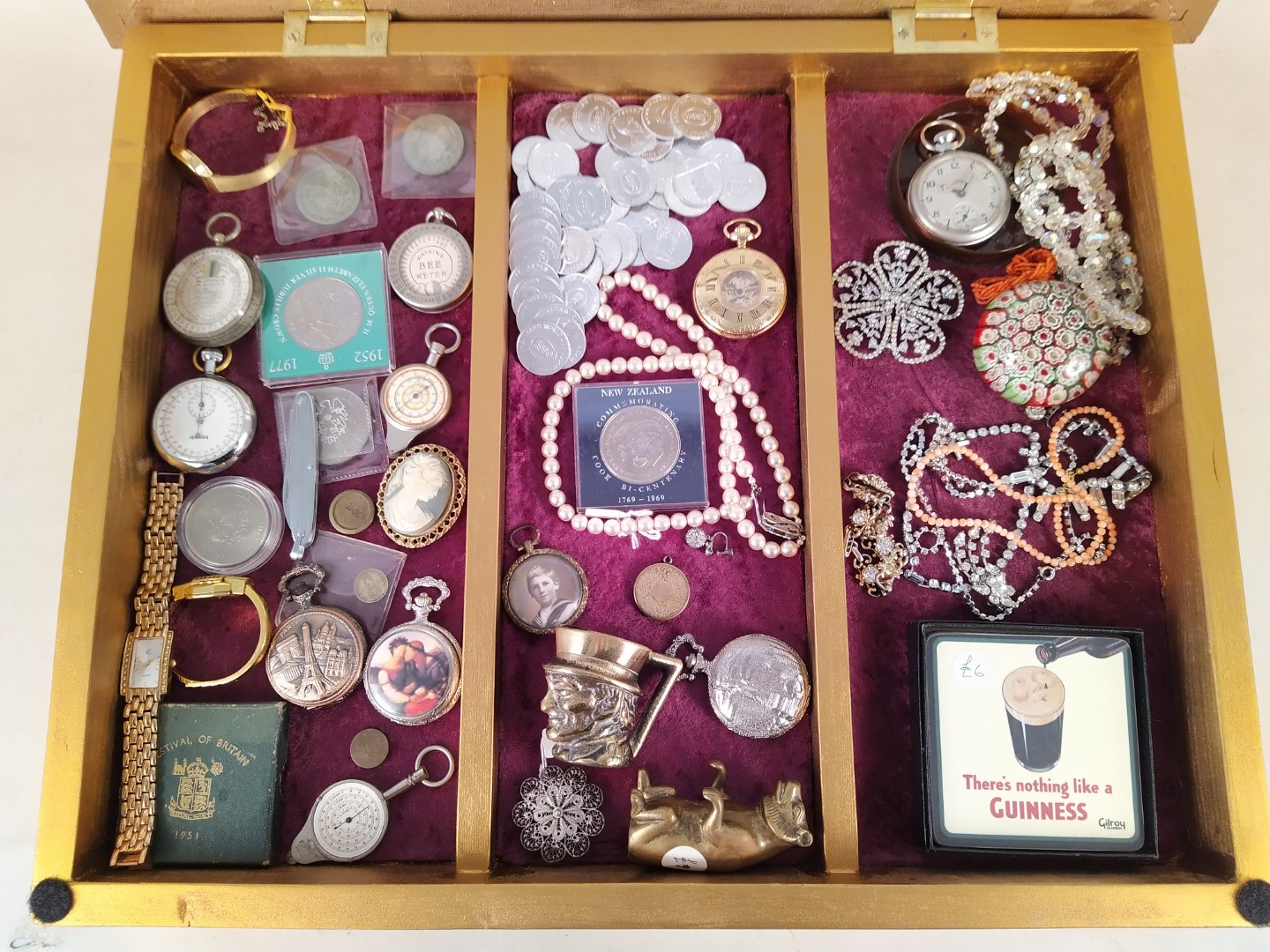 A table top display cabinet and contents including coins, costume jewellery, watches etc, - Image 2 of 3