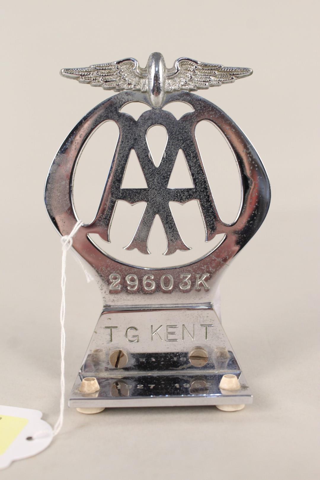 A vintage chrome plated AA badge on later stand 39603K plus an associated AA letter named to T G - Image 2 of 3