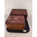 A rosewood inlaid sewing box and contents including a hand painted treen former tape measure plus a