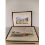 Four framed watercolours of a river and harvest scene signed E B Wilson 47cm x 25cm,