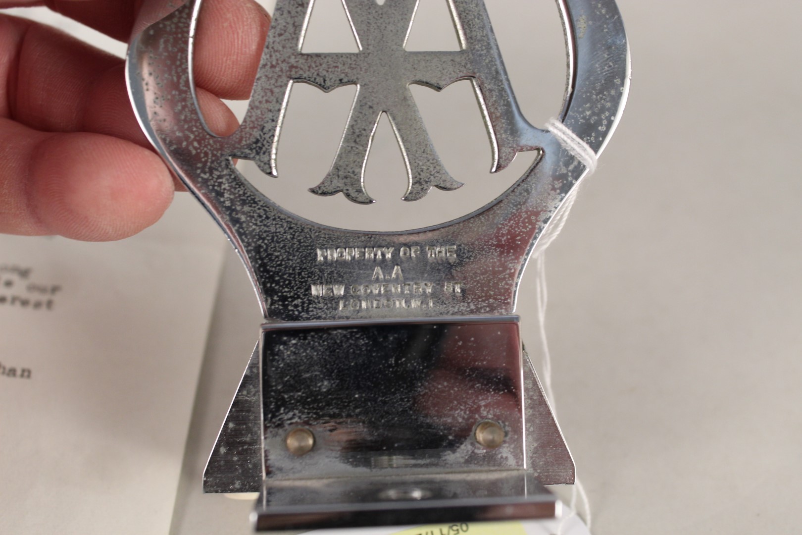 A vintage chrome plated AA badge on later stand 39603K plus an associated AA letter named to T G - Image 3 of 3