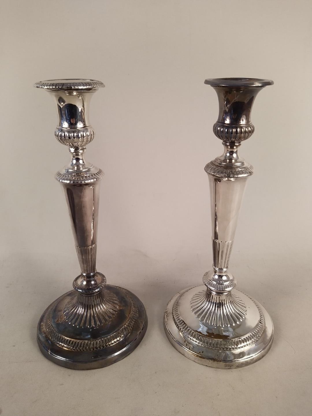 A pair of Georgian style silver plated candlesticks plus a Walker & Hall silver dish with pierced - Image 3 of 3