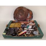 A box of assorted metalware including an Art Nouveau pewter candlestick,