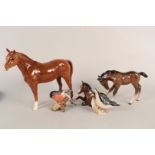 Three Beswick horses in differing sizes (largest has broken hind leg) plus two Beswick birds,