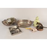 A mixed lot including a Meerschaum pipe, a brass and copper monkey cheroot cutter, plated dishes,