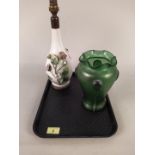 An Art Nouveau green glass vase (as found) plus a late 19th Century French porcelain lamp base with