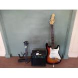 Fender Squire 'Strat' electric guitar with stand and amp