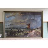 Geoffrey Chatten (b1938-) a very large oil on panel of 'Halvergate Marshes' with a derelict wind