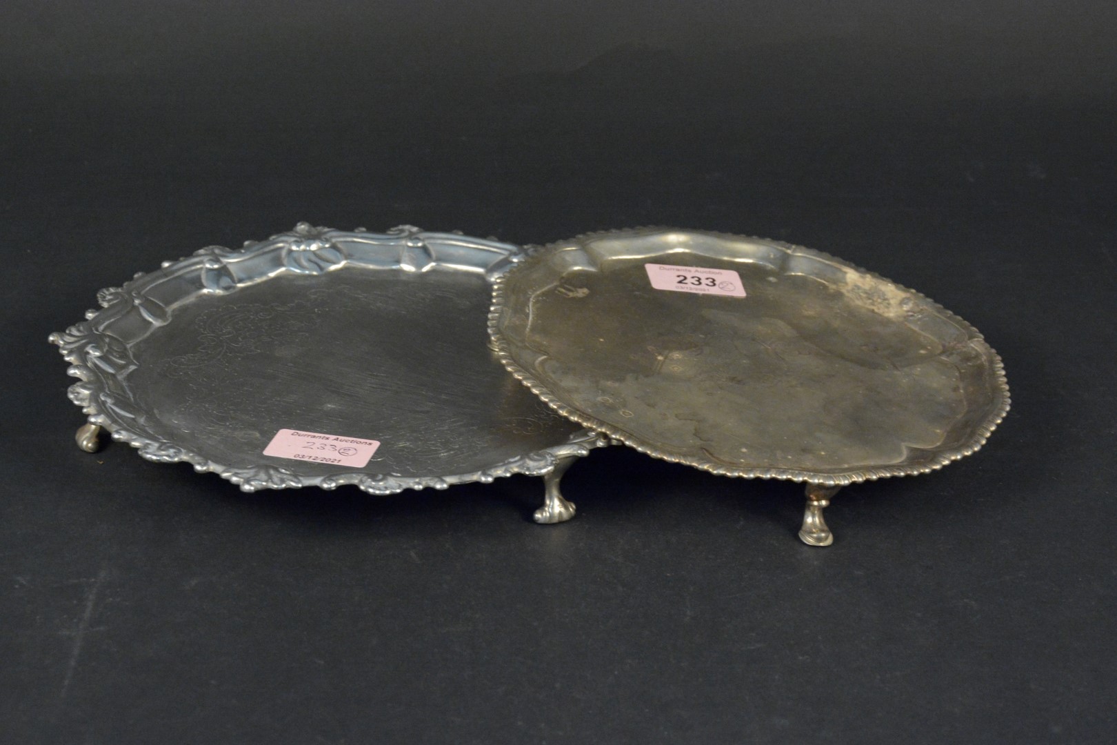 Two Georgian silver waiter trays, (both in very poor condition), smaller hallmarked London 1767,