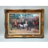 A gilt framed oleograph of the hunt entering the grounds of a country house,
