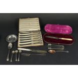 Mixed silver cutlery, a continental silver dish plus a set of six silver handled butter knives,