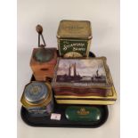 A selection of advertising tins plus an 'Odax' France coffee bean grinder