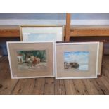 Three watercolours signed Stephen Reid of a barn interior,