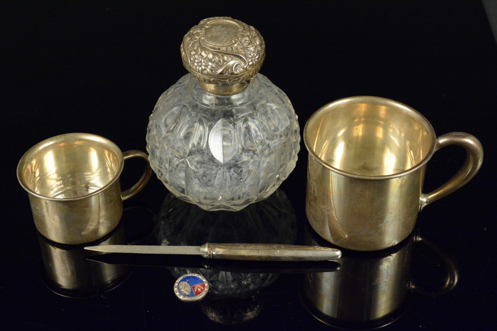 Mixed silver and white metal including two sterling cups (stamped to base),