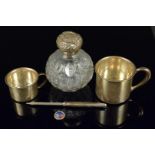Mixed silver and white metal including two sterling cups (stamped to base),