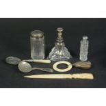 Mixed lot of silver, silver plate and sundries including two silver topped glass bottles,