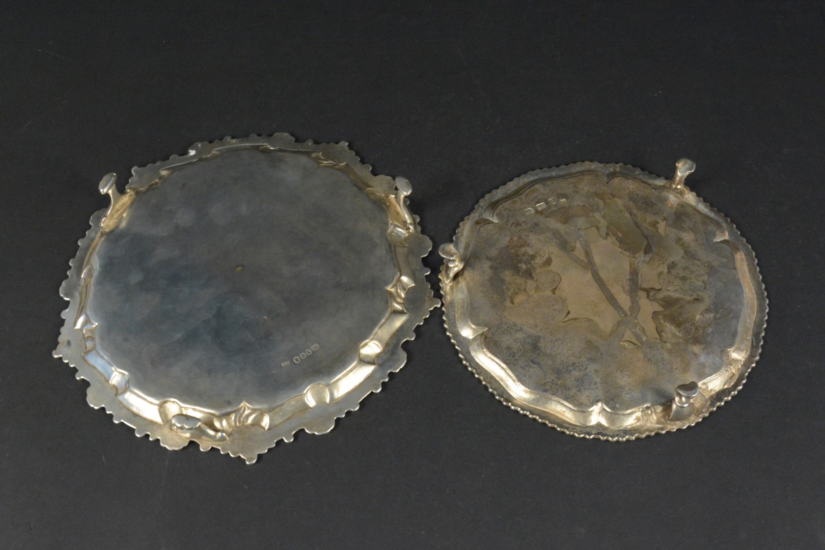 Two Georgian silver waiter trays, (both in very poor condition), smaller hallmarked London 1767, - Image 5 of 5