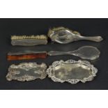 Mixed silver to include two pin dishes (one as found) plus a childs silver dressing table set
