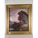 A 19th Century oil on canvas of a canal scene with lock keeper and canal boat,