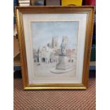 A framed watercolour of a city gate with memorial statue in foreground and cathedral,