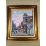 A framed oil on canvas of Padre Billini, Santo Domingo, signed and dated 'Mignel Nunex 1992',