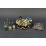 A Hukin & Heath square silver plate and glass butter dish, a toast rack marked H&H,