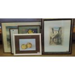 Six framed watercolours including a still life with flowers, a pastel female portrait profile head,