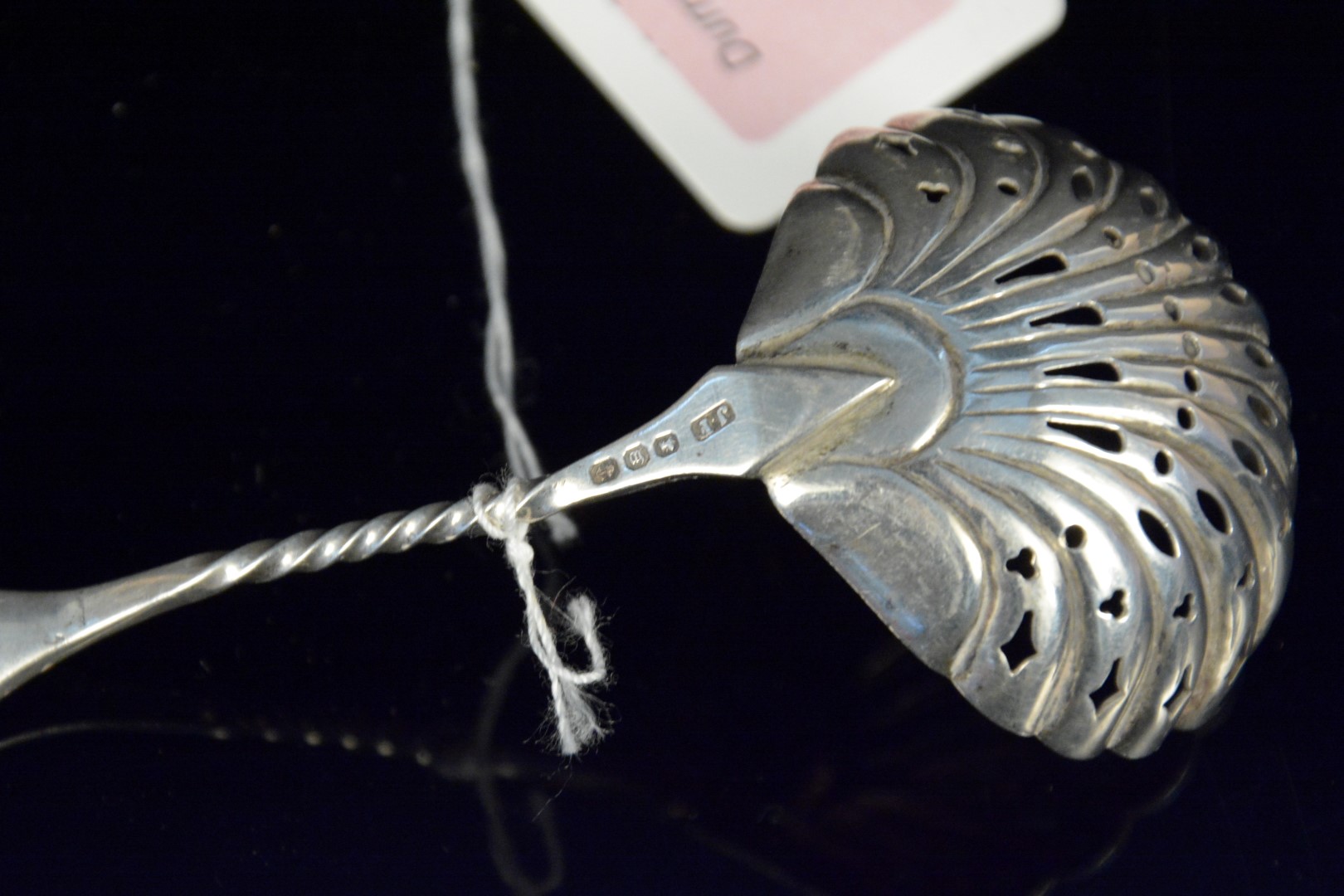 A Victorian silver sifting spoon with hard stones inset to handle, hallmarked Birmingham 1896, - Image 3 of 3