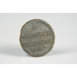 A 1667 Norwich farthing token (wear and edge knocks)