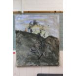 Three original paintings on hessian depicting WWI scenes,