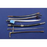 Three decorative swords with a riding crop (an as found lot)
